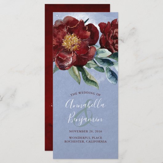 Bourgondische en Dusty Blue Romantische huwelijksp Programmakaart (Voorkant / Achterkant)