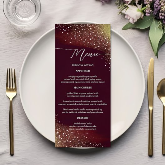 Bourgondische En Gouden Glitter Bruiloft Menu