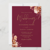 Bourgondische en gouden rustieke bloemige bruiloft kaart (Voorkant)