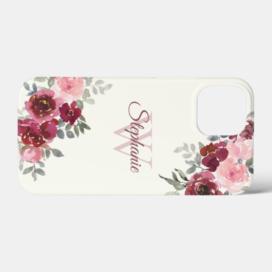 Bourgondische en roze rozen op geel monogram Case-Mate iPhone case (Achterkant (horizontaal))