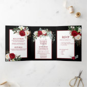 Bourgondische en Witte Rozen, tegen een Zwarte Ach Drieluik Uitnodiging (Binnen)