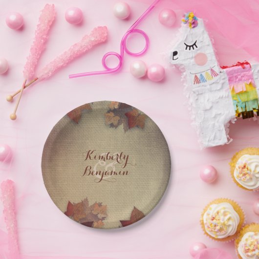 Bourgondische esdoorn bladeren en rustieke Burlap Papieren Bordje (Feest)