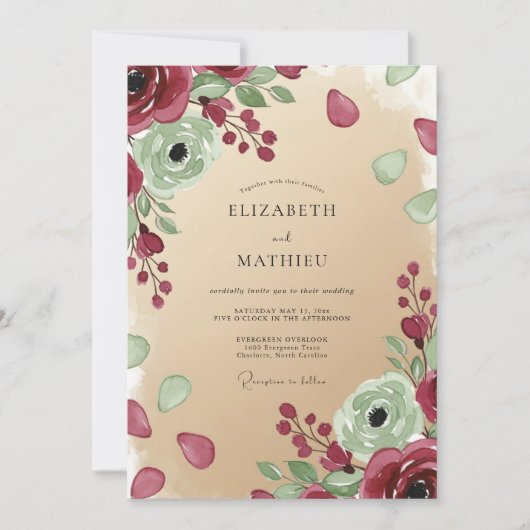 Bourgondische Ethische Botanische Bruiloft Kaart (Voorkant)