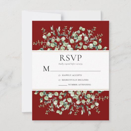 Bourgondische Eucalyptus Bruiloft RSVP Kaartje (Voorkant)