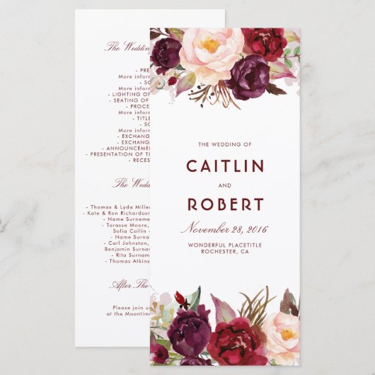 Bourgondische Floral bruiloft programma's (Voorkant / Achterkant)