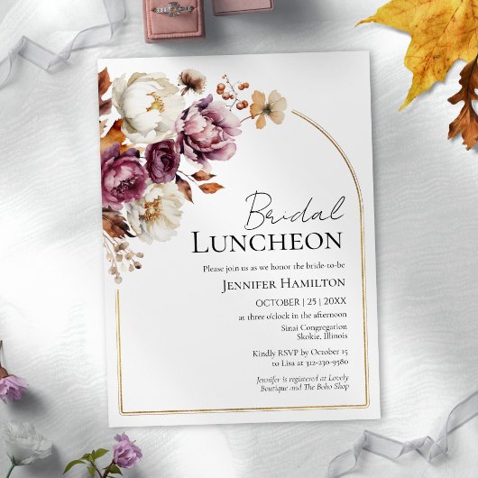 Bourgondische Floral Gold Arch Herfst Bridal Lunch Kaart
