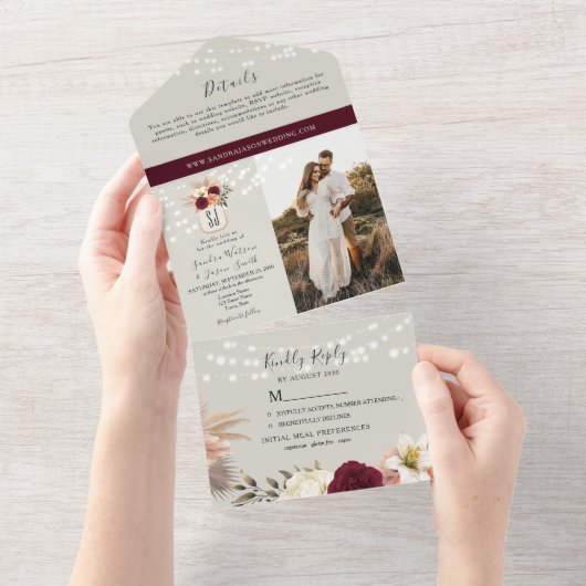 Bourgondische Floral Mason Jar Wedding All In One Uitnodiging (Afscheurbaar)