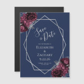 Bourgondische Floral Navy Silver Wedding Save the  Magnetische Uitnodiging (Voorkant / Achterkant)