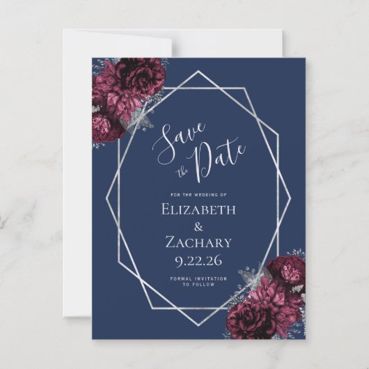Bourgondische Floral Navy Silver Wedding Save the  Magnetische Uitnodiging (Voorkant)