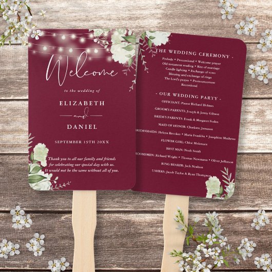 Bourgondische Floral String Lights Wedding Program Handwaaier