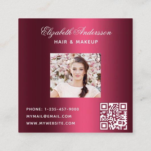 Bourgondische foto qr codenaam elegant script vierkante visitekaartje (Achterkant)