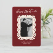 Bourgondische foto retro kant save the date (Staand voorkant)