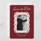 Bourgondische foto retro kant save the date (Voorkant)