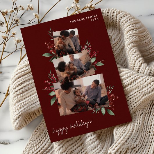 Bourgondische fotocollage met bessen en groen feestdagenkaart