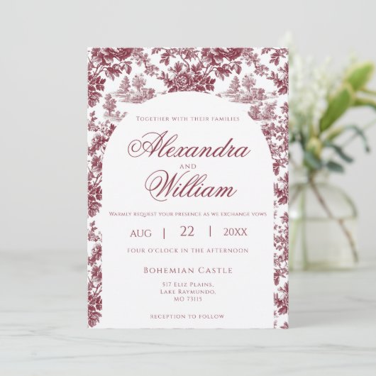  Bourgondische Franse Toile bruiloft uitnodiging (Staand voorkant)