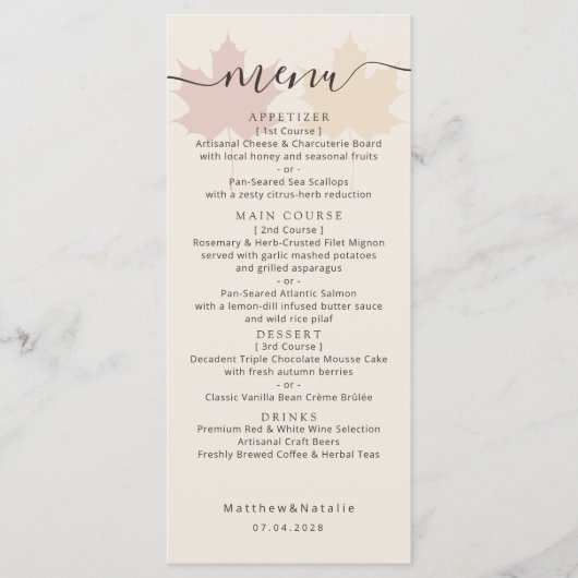 Bourgondische Gele Esblad Bruiloft Boho Decor Menu (Voorkant)