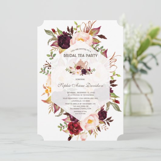 Bourgondische geometrische bloem bruiloftstheevisi kaart (Staand voorkant)