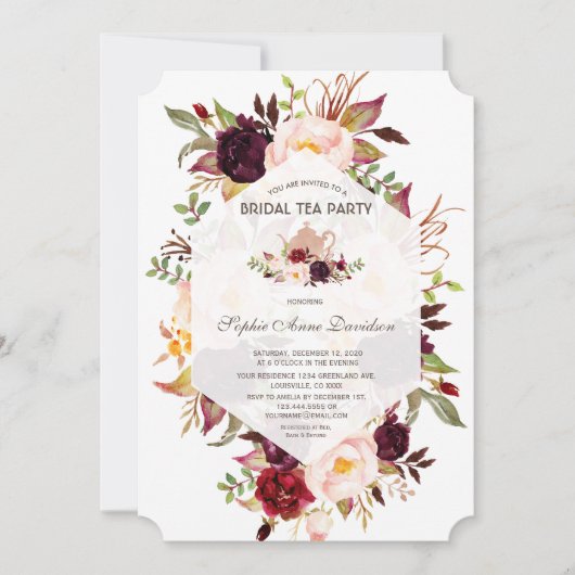 Bourgondische geometrische bloem bruiloftstheevisi kaart (Voorkant)