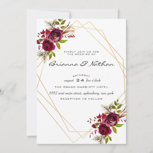 Bourgondische geometrische huwelijksuitnodiging kaart (Voorkant)