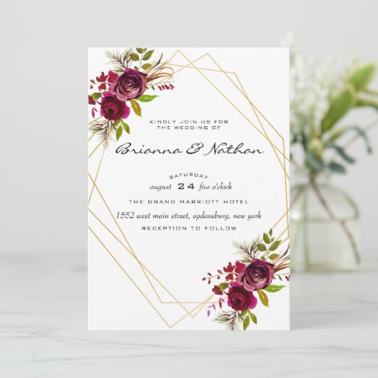 Bourgondische geometrische huwelijksuitnodiging kaart (Staand voorkant)