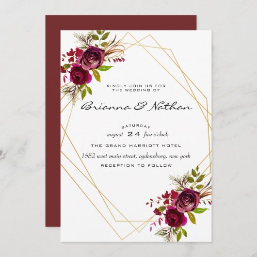 Bourgondische geometrische huwelijksuitnodiging kaart (Voorkant / Achterkant)