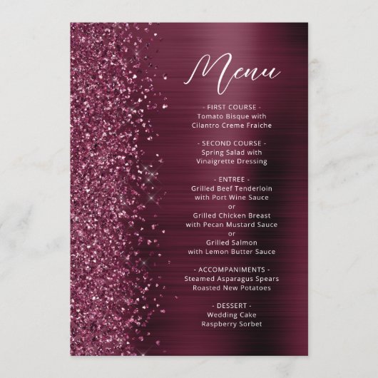 Bourgondische glam glitter script bruiloft menu (Voorkant)