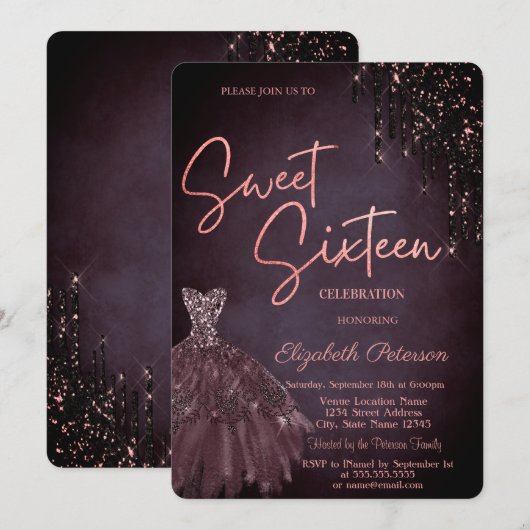 Bourgondische glitter Drips Chic Dress Sweet 16 Kaart (Voorkant / Achterkant)