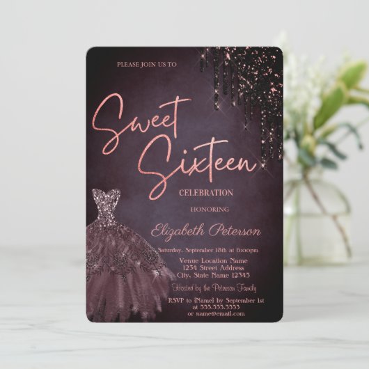 Bourgondische glitter Drips Chic Dress Sweet 16 Kaart (Staand voorkant)