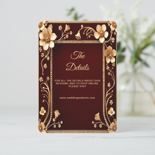 Bourgondische Golden Flowers Detail Enclosure Kaar Informatiekaartje (Staand voorkant)