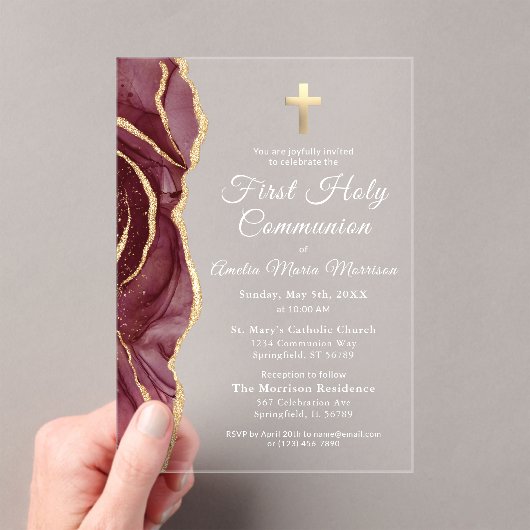 Bourgondische gouden agaat eerste heilige communie acryl uitnodigingen (Insitu (Draagbaar))