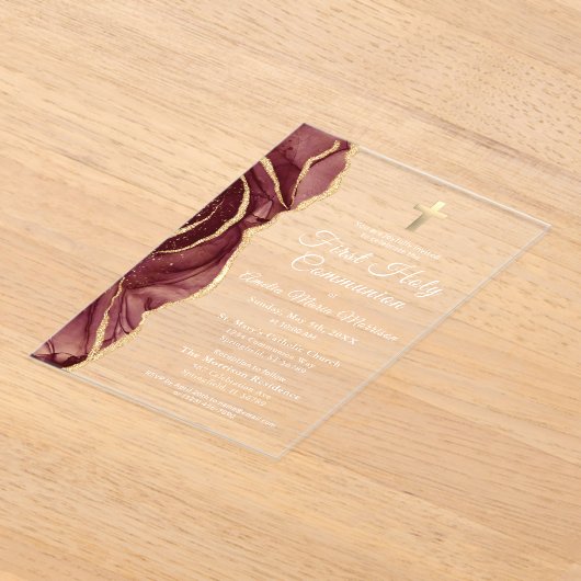 Bourgondische gouden agaat eerste heilige communie acryl uitnodigingen (Laagn)