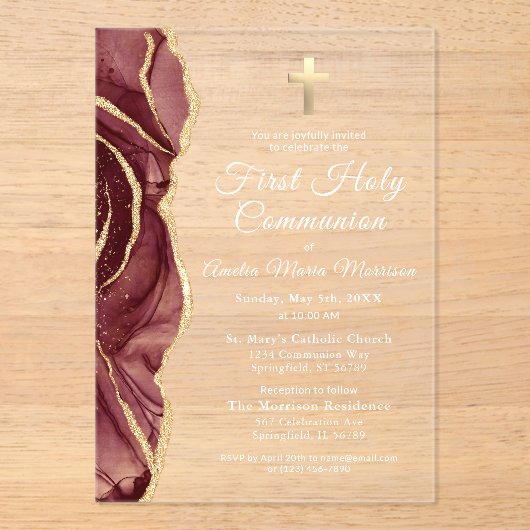 Bourgondische gouden agaat eerste heilige communie acryl uitnodigingen (Voorkant)