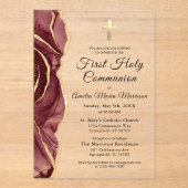Bourgondische gouden agaat eerste heilige communie acryl uitnodigingen (Voorkant)