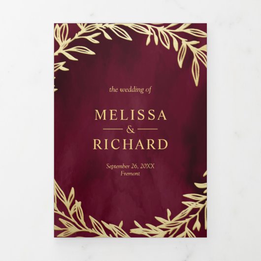 Bourgondische gouden blad tak Alles in een bruilof Drieluik Uitnodiging (Cover)