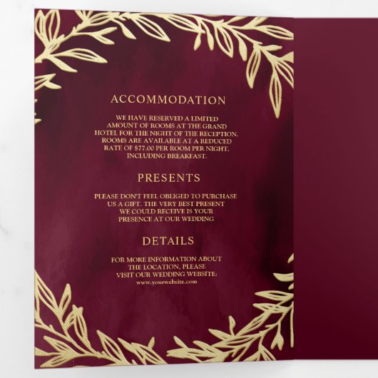 Bourgondische gouden blad tak Alles in een bruilof Drieluik Uitnodiging (Binnenzijde eerst)