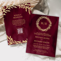 Bourgondische gouden blad tak QR-code bruiloft