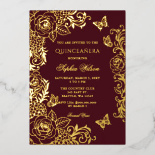 Bourgondische Gouden Bloem Vlinder Quinceañera Folie Uitnodiging