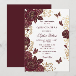 Bourgondische Gouden Bloem Vlinder Quinceañera Kaart