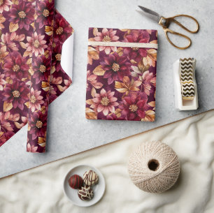 Bourgondische Gouden Bloemen Bladeren Verjaardag Cadeaupapier