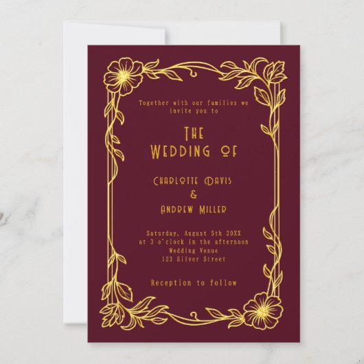 Bourgondische gouden bloemen bruiloft kaart (Voorkant)
