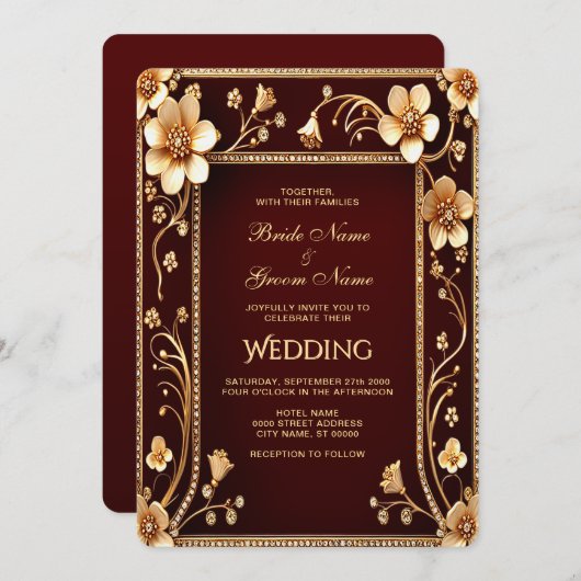 Bourgondische gouden bloemen bruiloft uitnodiging (Voorkant / Achterkant)