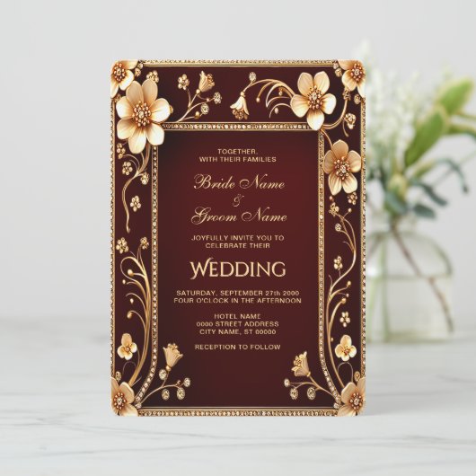 Bourgondische gouden bloemen bruiloft uitnodiging (Staand voorkant)
