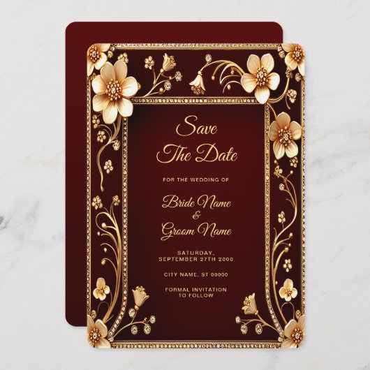 Bourgondische gouden bloemen redden de datum save the date (Voorkant / Achterkant)