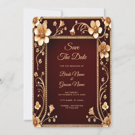 Bourgondische gouden bloemen redden de datum save the date (Voorkant)