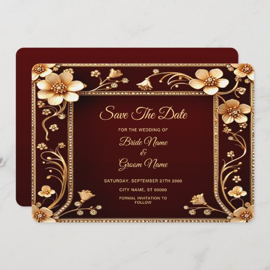 Bourgondische gouden bloemen redden de datum save the date (Voorkant / Achterkant)