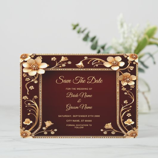 Bourgondische gouden bloemen redden de datum save the date (Staand voorkant)