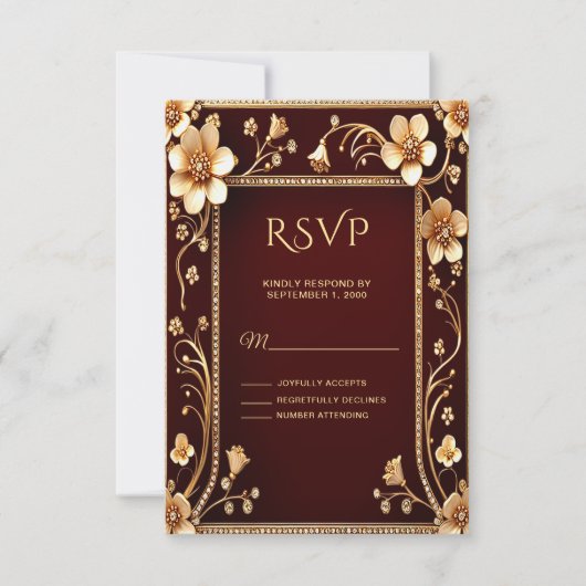 Bourgondische gouden bloemen RSVP-kaart RSVP Kaartje (Voorkant)