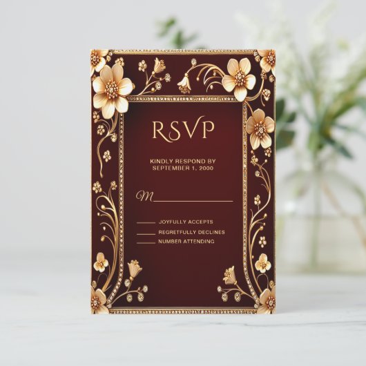 Bourgondische gouden bloemen RSVP-kaart RSVP Kaartje (Staand voorkant)