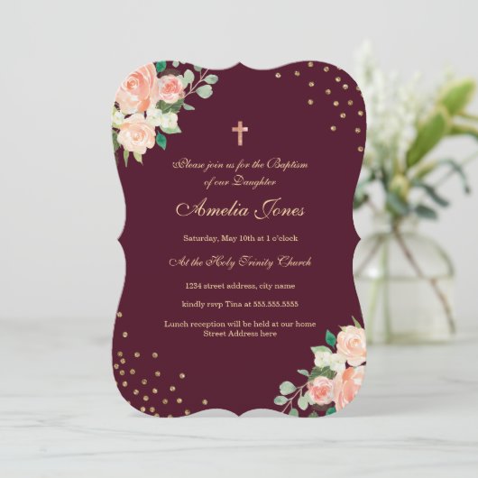 Bourgondische gouden bloemendoop in Confetti Kaart (Staand voorkant)