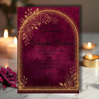 Bourgondische & Gouden Bloemige Quinceanera Uitnod Kaart